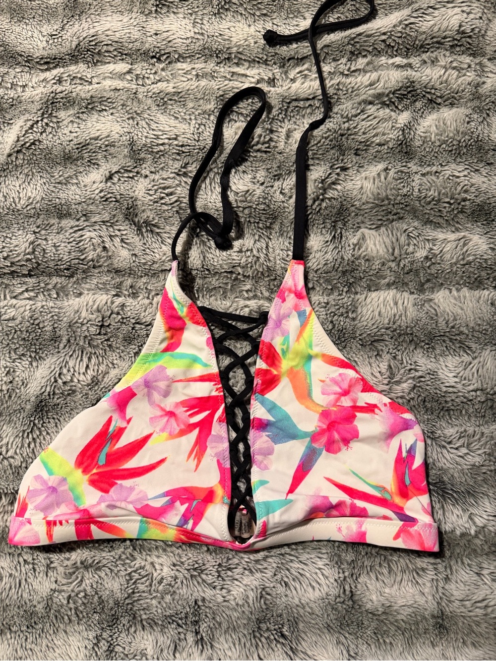 PINK Victoria's Secret Floral Lace-Up Bikini Top - White, Pink, Teal